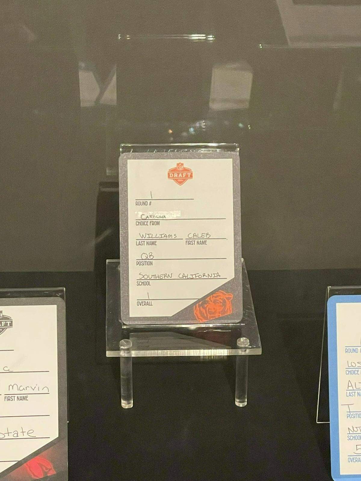 The first overall pick draft card in the 2024 NFL Draft. Notice the Carolina Panthers mention, written over white-out.
