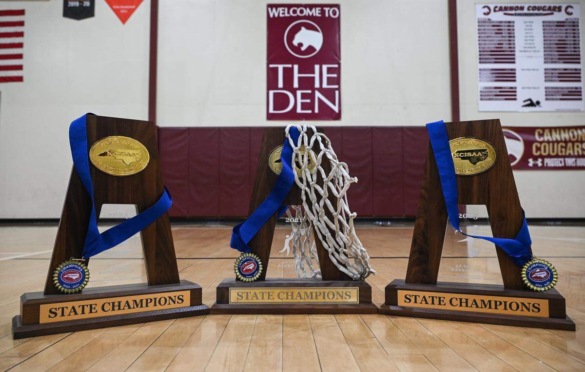 Cannon School’s trophies for the 4A girl’s NCISAA basketball championship are displayed  in the school’s gym in Concord, NC on Wednesday, November 4, 2025.