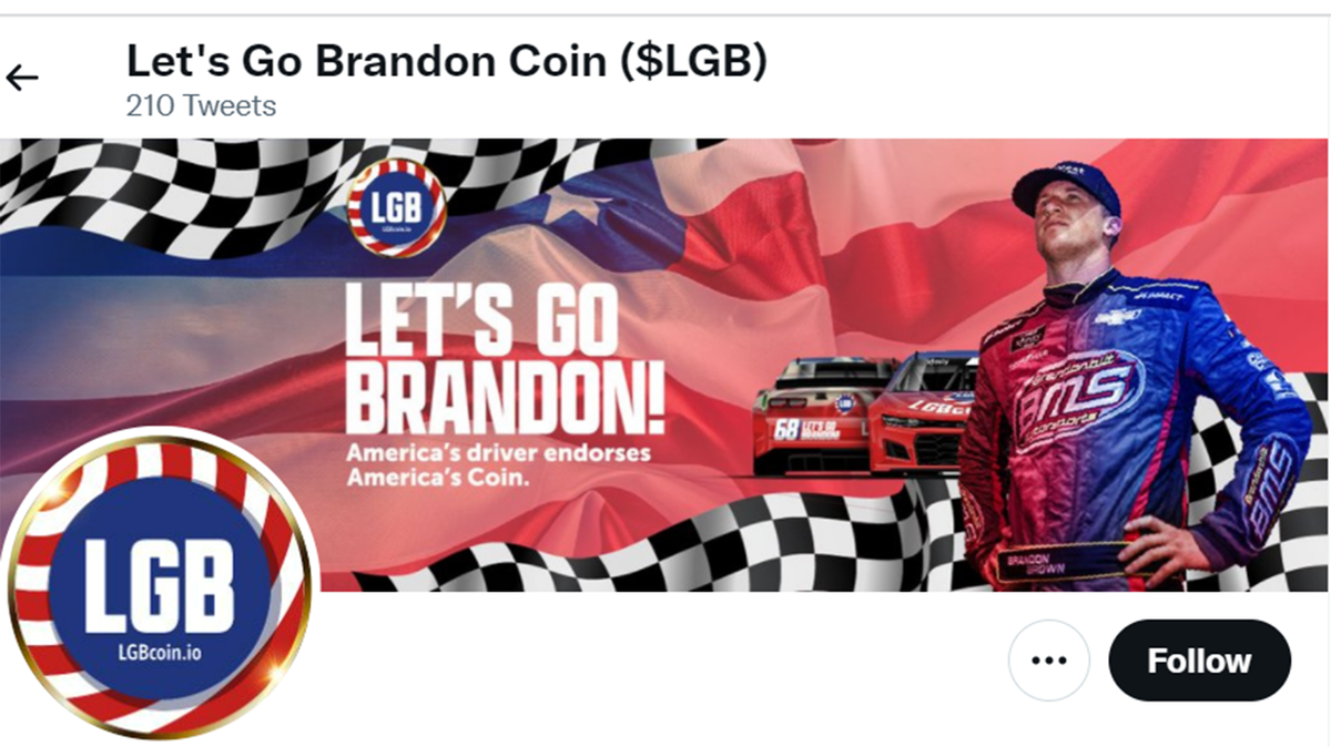 Twitter profile for LGBcoin.io, a cryptocurrency sponsoring NASCAR driver Brandon Brown.