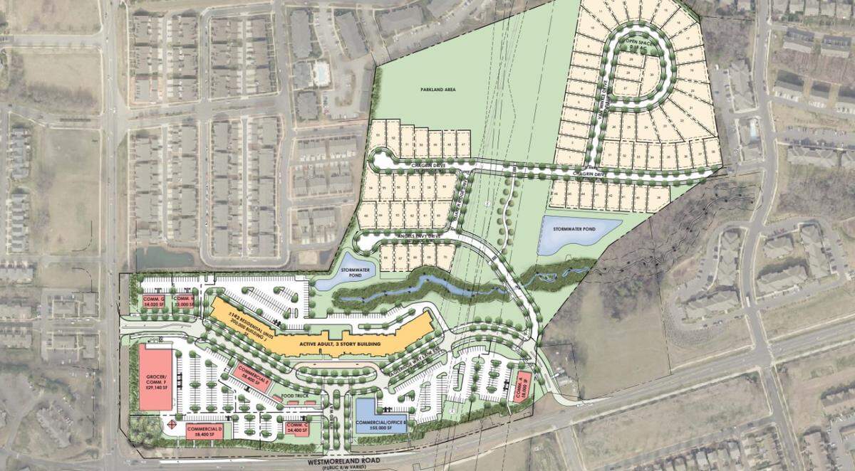 Shown is the site plan for the $200 million Alexander Farms mixed-use community in Cornelius, NC.