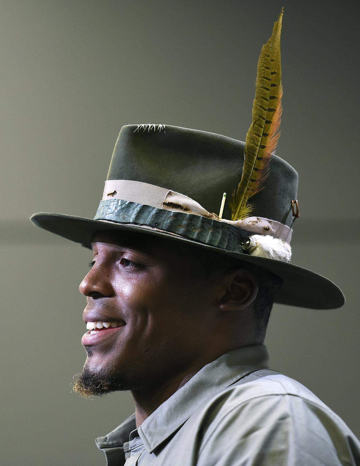The Carolina Panthers QB Cam Newton wore a hat to his press conference that included several trout flies, a pheasant feather and a rabbit’s foot. Newton and Ron Rivera spoke at a post-practice press conference at Bank of America Stadium on Wednesday, Nov. 2, 2016.