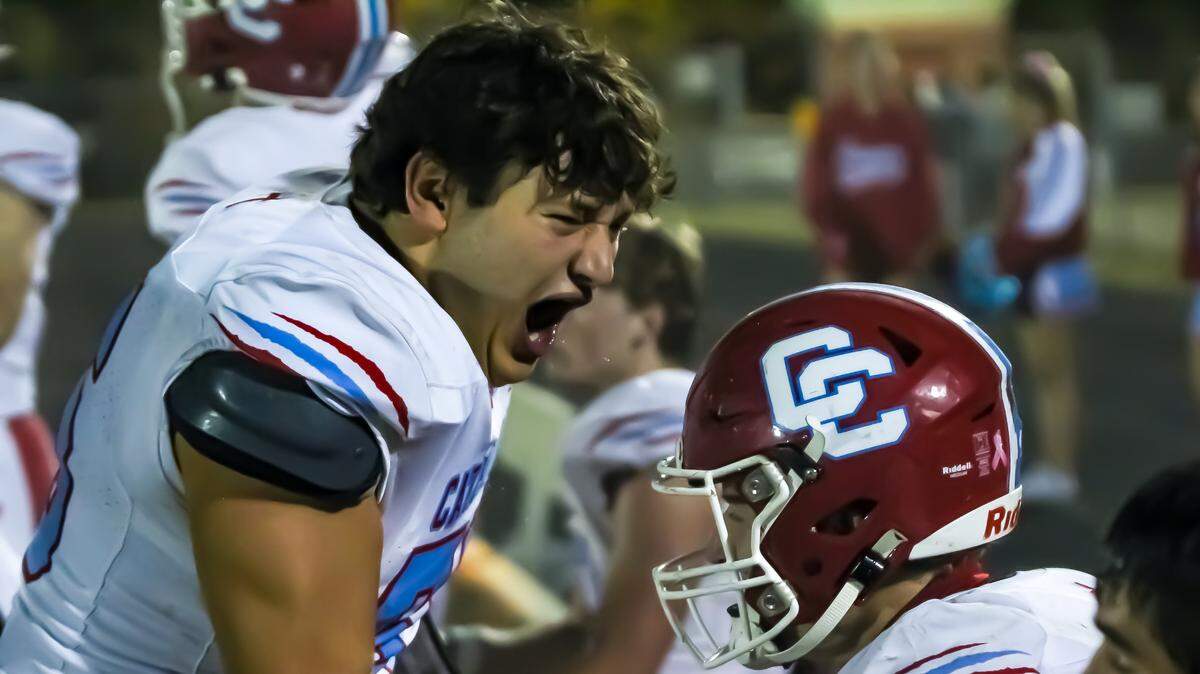 Charlotte Catholic celebrates their huge win over Butler after the game at Butler high school on October 18th, 2024 in Matthews NC.