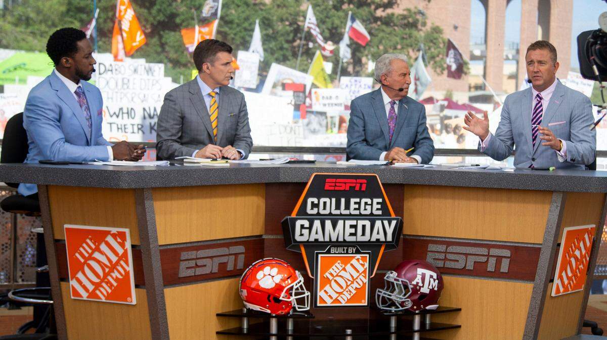ESPN’s “College GameDay” crew, including Desmond Howard, Rece Davis, Lee Corso and Kirk Herbstreit, break down the Clemson-Texas A&M matchup outside Kyle Field in College Station, Texas, on Saturday, Sept. 8, 2018. The crew will visit Boone, NC, on Sept. 17, 2022, after Appalachian State upset Texas A&M.