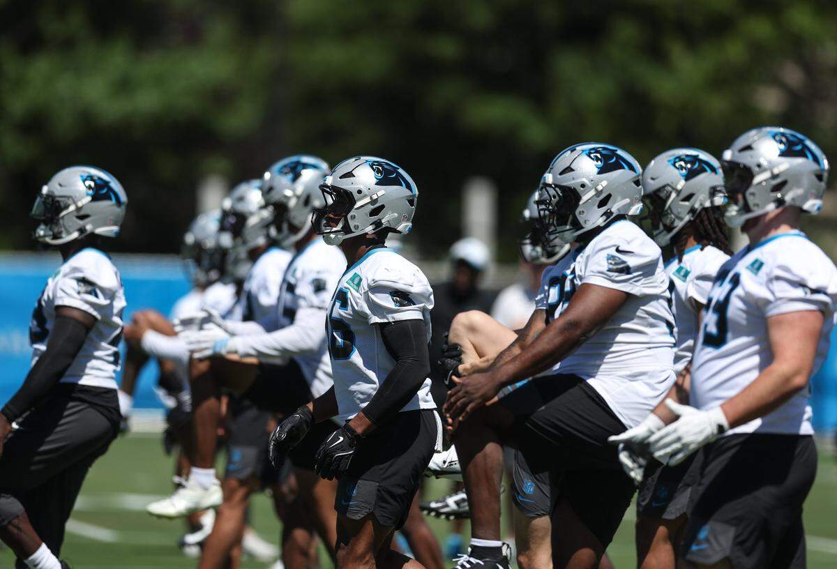 Players takes part in Carolina Panthers rookie minicamp on Friday, May 8, 2026.