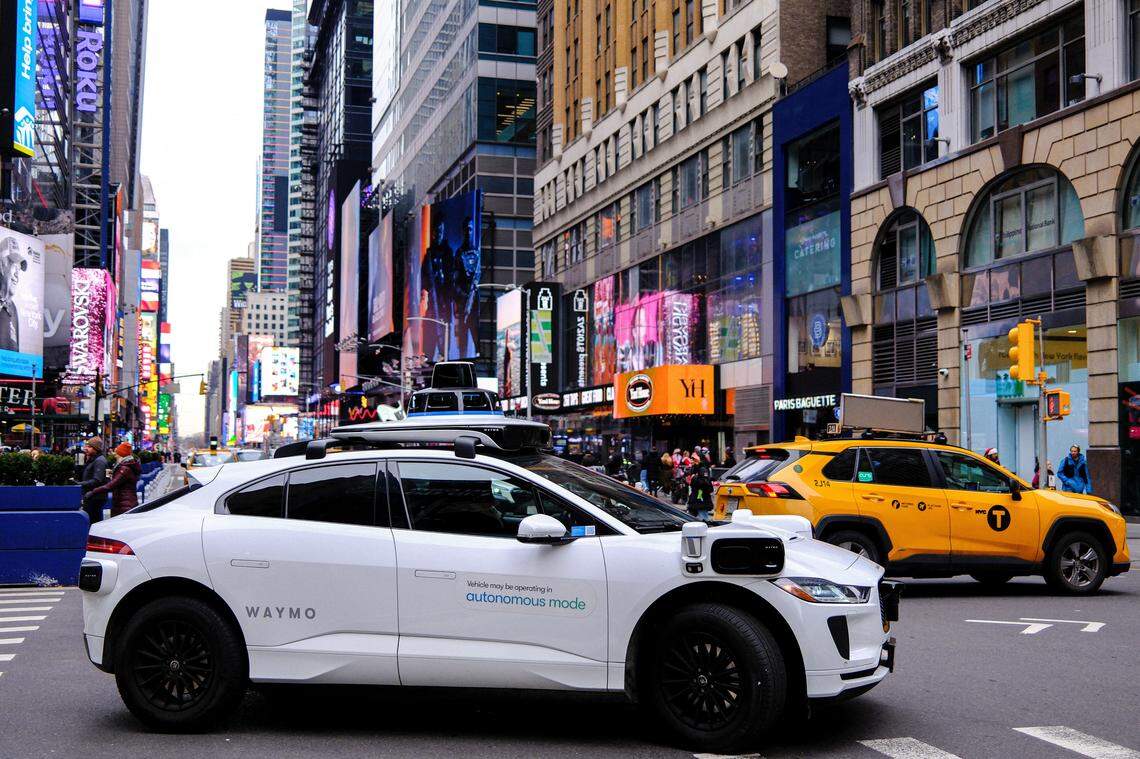 A Waymo autonomous self-driving Jaguar electric vehicle is seen in New York City. A dozen of those vehicles were spotted in a Charlotte lot this week.