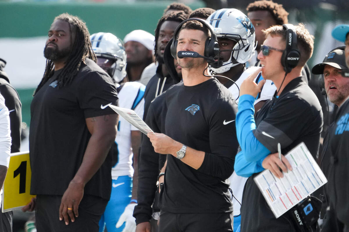 Oct 19, 2025; East Rutherford, New Jersey, USA; Carolina Panthers head coach Dave Canales looks on in the first quarter against the Carolina Panthers at MetLife Stadium. Mandatory Credit: Robert Deutsch-Imagn Images
