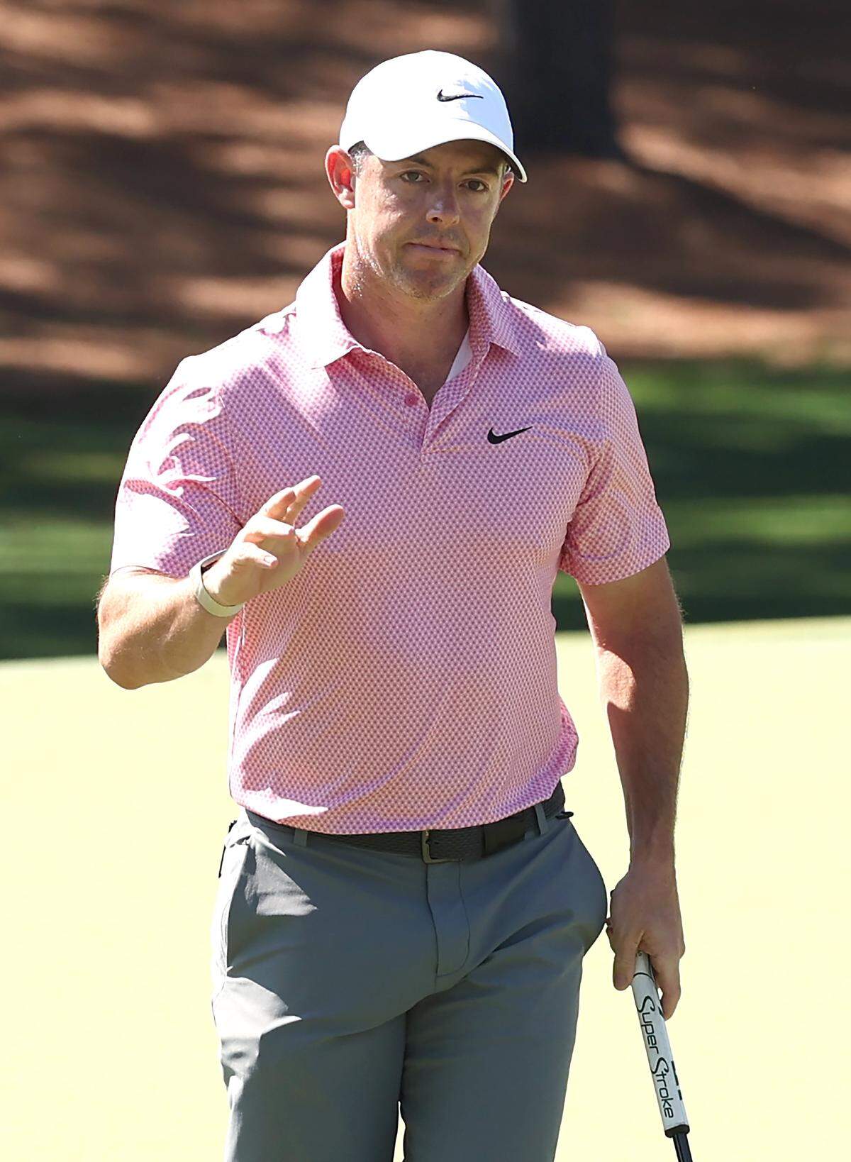 Rory McIlroy acknowledges the gallery’s applause after sinking a putt on the second green during the final round of the Truist Championship at Quail Hollow Club in Charlotte, NC on Sunday, May 10, 2026.