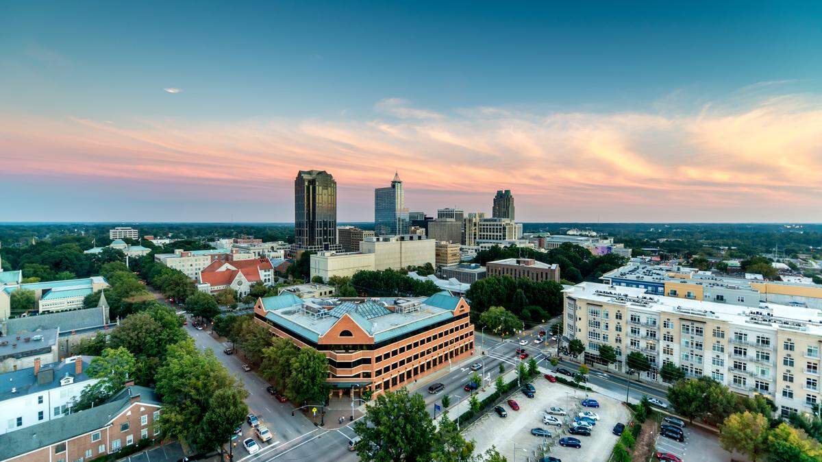 Downtown Raleigh at twilight.