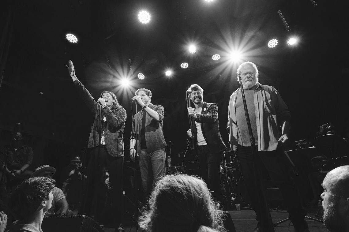 The four leads of “Swept Away” at a reunion concert for the show on April 28. From left, they are Adrian Blake Enscoe, Stark Sands, John Gallagher Jr. and Wayne Duvall.
