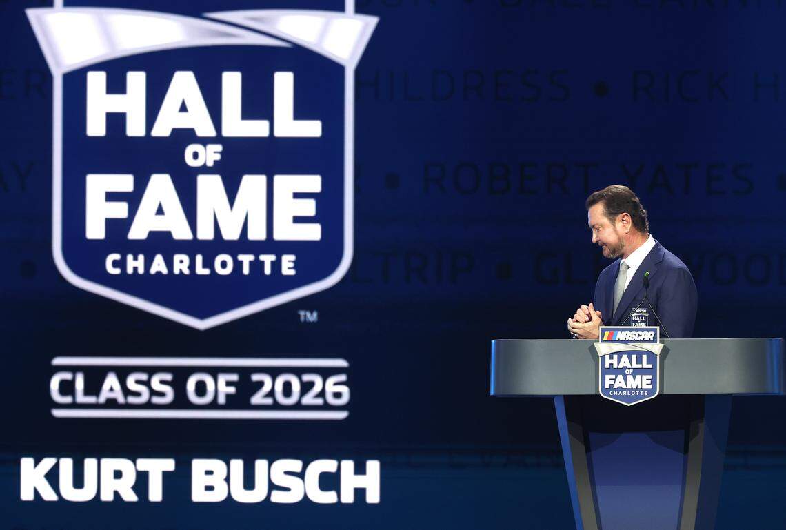 Former NASCAR driver Kurt Busch quietly reflects on his career during his NASCAR Hall of Fame Induction speech at the Charlotte Convention Center in Charlotte, NC on Friday, January 23, 2026. 