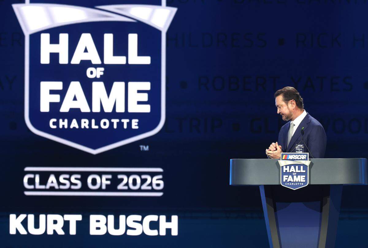 Former NASCAR driver Kurt Busch quietly reflects on his career during his NASCAR Hall of Fame Induction speech at the Charlotte Convention Center in Charlotte, NC on Friday, January 23, 2026. 