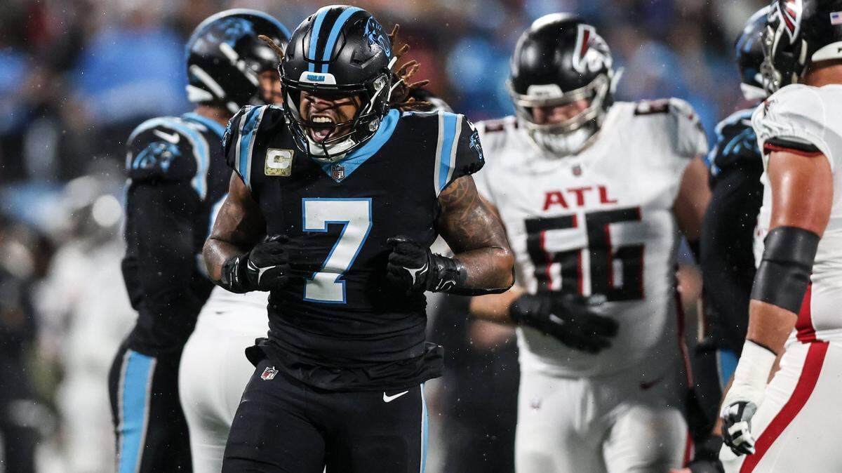 Carolina Panthers linebacker Shaq Thompson celebrates after a tackle against the Atlanta Falcons on Thursday, November 10, 2022.