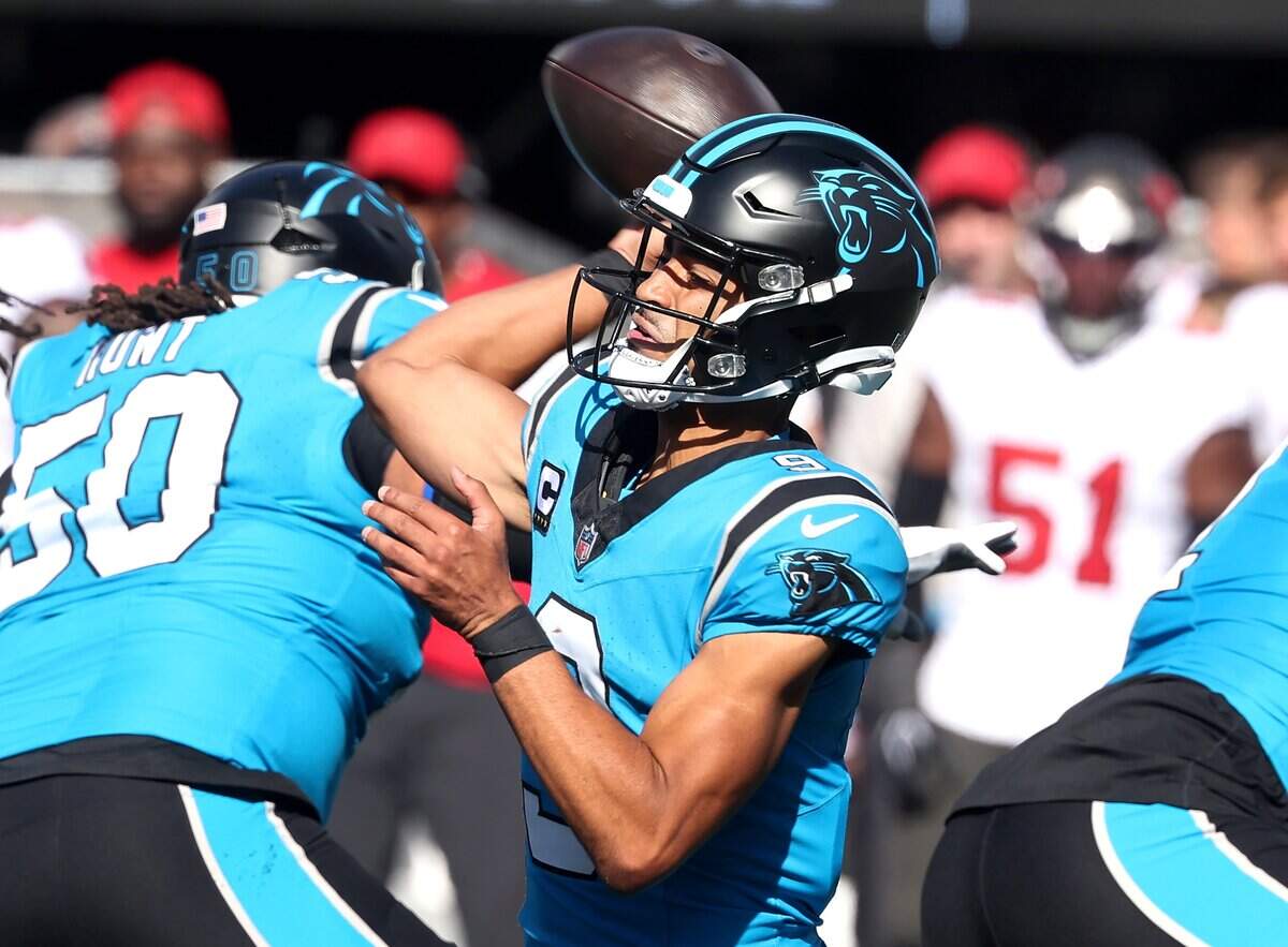 Carolina Panthers quarterback Bryce Young drops back to pass during acton against the Tampa Bay Buccaneers at Bank of America Stadium in Charlotte, NC on Sunday, October 25, 2026.