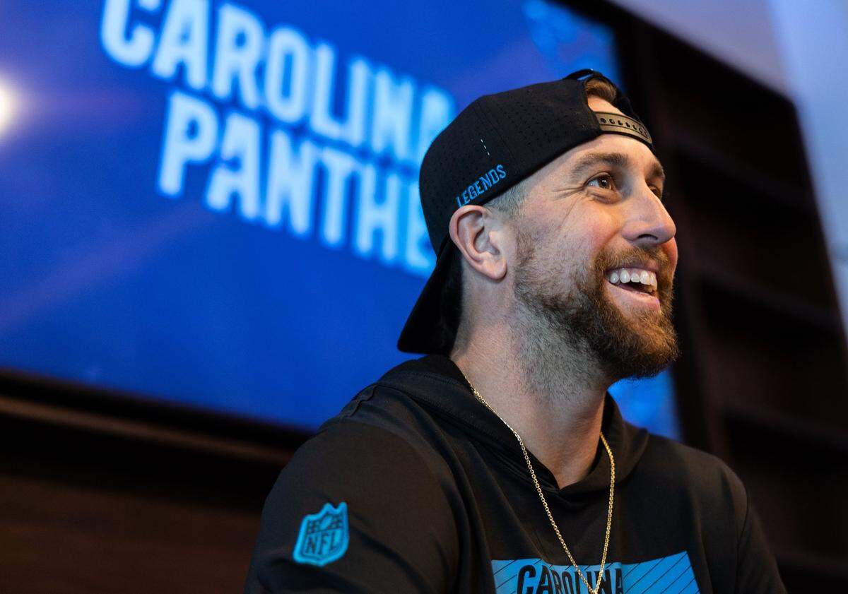 Carolina Panthers Adam Thielen speaks during an interview at the Bank of America Stadium in Charlotte, N.C., on Thursday, December 12, 2024.