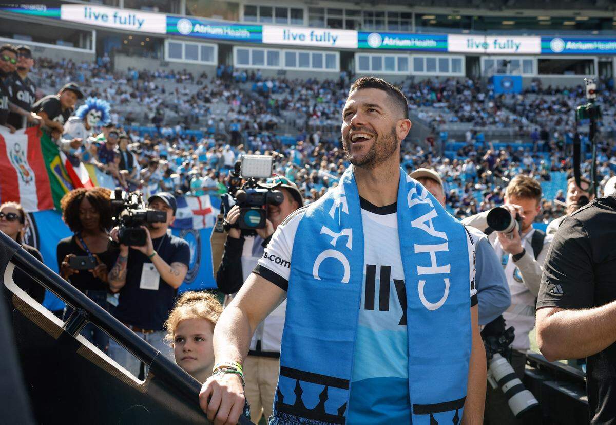 Panthers head coach Dave Canales awaits the coronation ceremony before Charlotte FC’s home opening match against Atlanta United on March 1, 2025, at Bank of America Stadium.