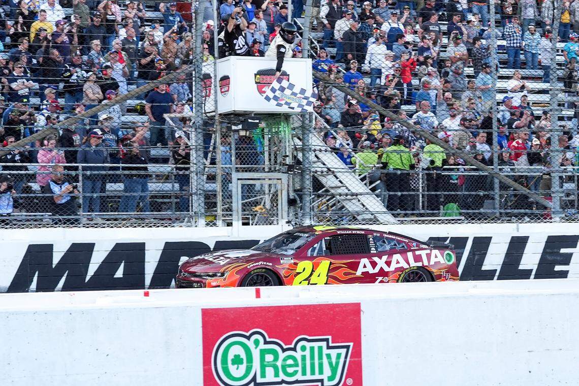 William Byron (24) takes the checkered flag during the Cook Out 400 at Martinsville Speedway on Sunday, April 7, 2024, in Ridgeway, Va.