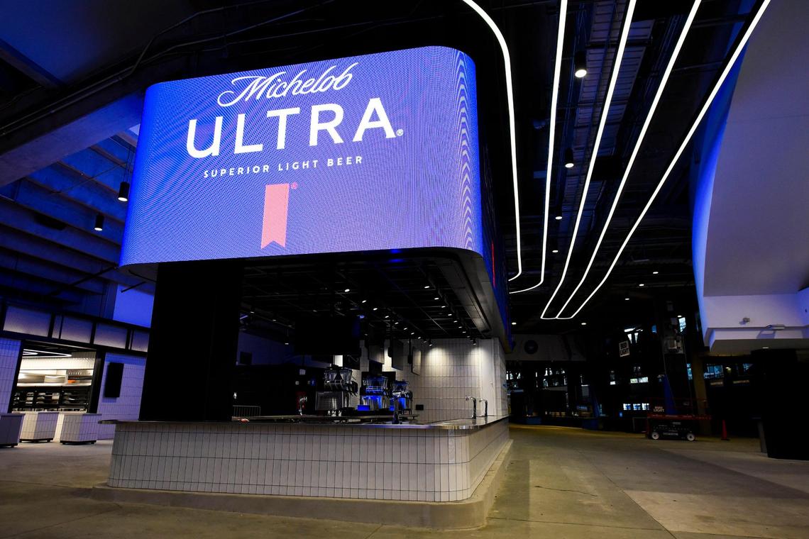 New bars featuring 360-degree LED displays sit along the concourse at Bank of America Stadium in Charlotte, N.C. Monday, Feb. 7, 2022. The stadium is undergoing a series of renovations in anticipation of Charlotte FC’s inaugural season which opens at home on March 5.