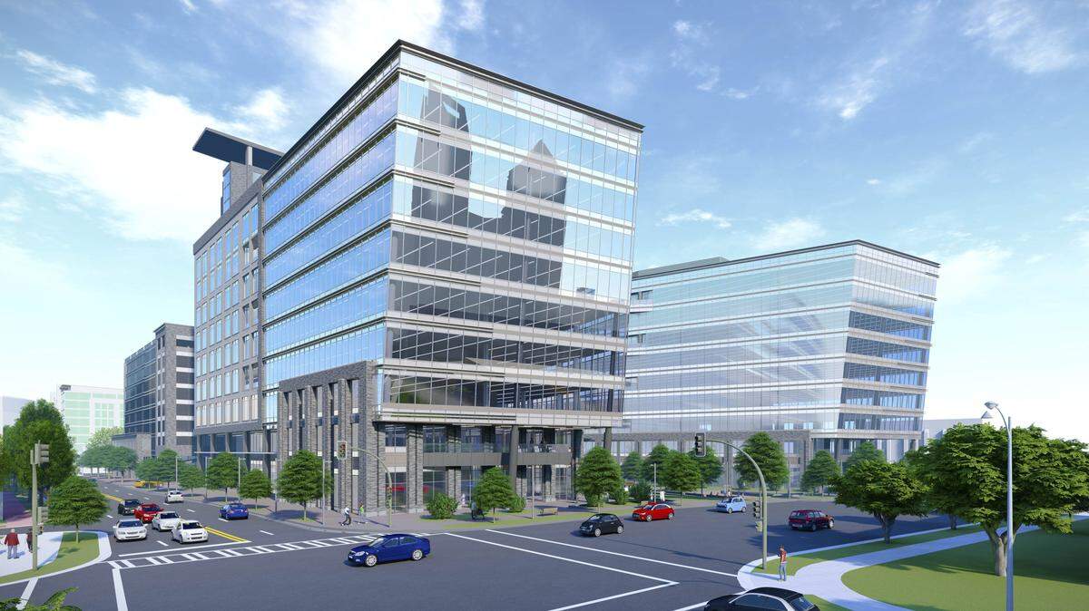 A rendering of the new South End project that will include two nine-story office buildings, a hotel, an urban plaza and retail.