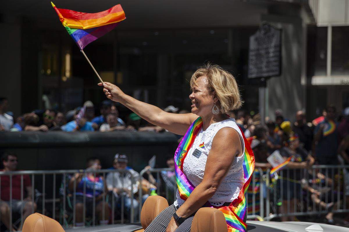 Vi Lyles, the Mayor of Charlotte, waved the rainbow flag in the Pride Parade in Charlotte, NC, on on Sunday, August 18, 2019.
