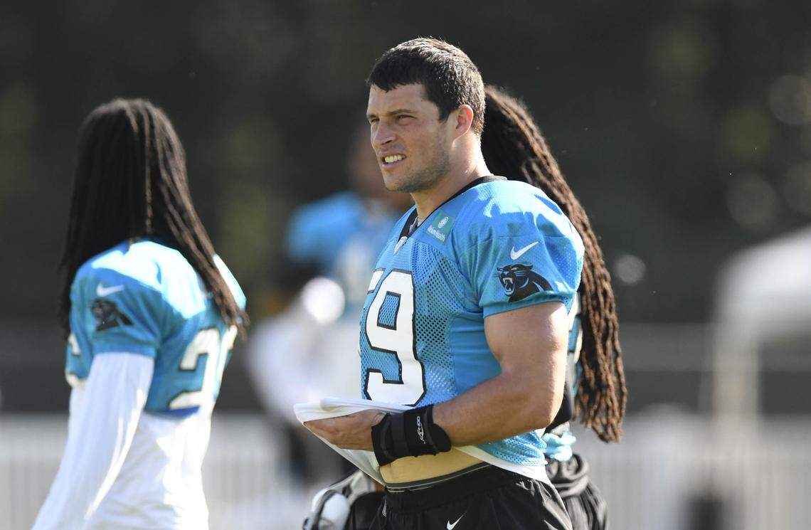 Carolina Panthers middle linebacker Luke Kuechly (59)prepares to warmup during training camp at Wofford College in Spartanburg, SC on Tuesday, August 6, 2019.