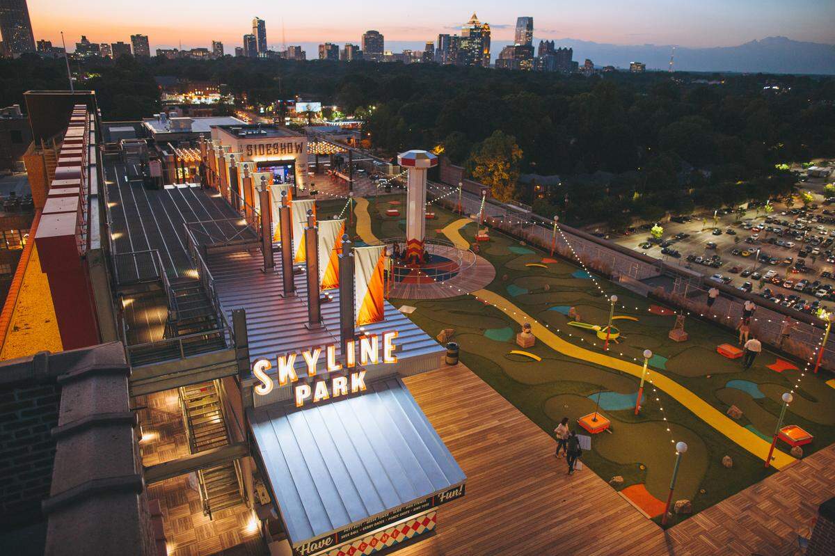 Ponce City Market’s Skyline Park features games, food, mini-golf and spectacular views.