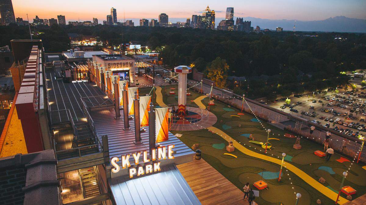 Ponce City Market’s Skyline Park features games, food, mini-golf and spectacular views.