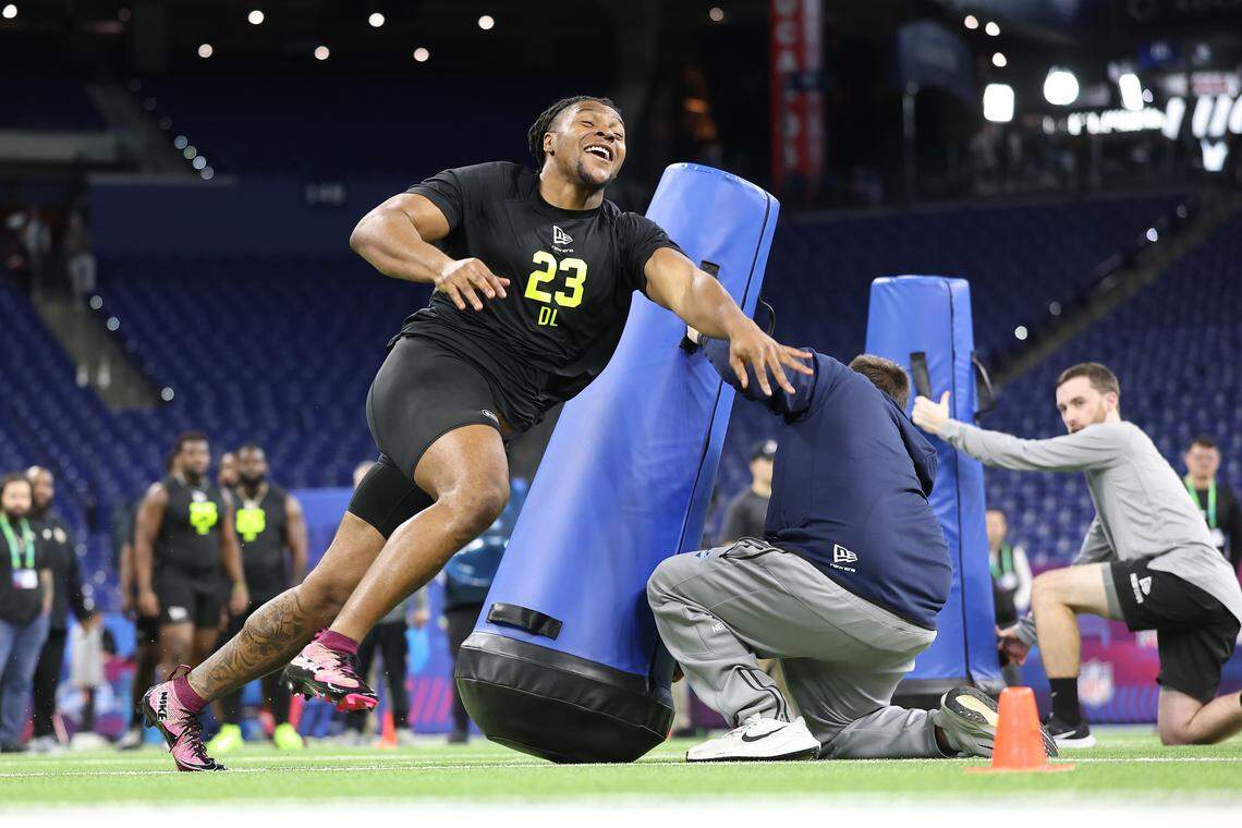 Texas A&M defensive lineman Tyler Onyedim participtates in a drill during the 2026 NFL Scouting Combine at Lucas Oil Stadium on February 26, 2026 in Indianapolis, Indiana. (Photo by Stacy Revere/Getty Images)