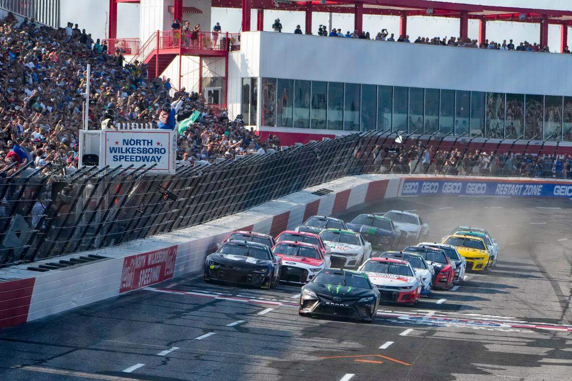 NASCAR Cup Series driver Ty Gibbs (54) leads the field at the start of the All-Star open at North Wilkesboro Speedway on May 21, 2023, in North Wilkesboro, N.C.