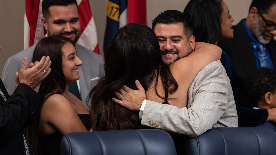 Councilman Juan Diego “JD” Mazuera Arias is sworn in during the 2025 City Council Swearing-In Ceremony at the Charlotte-Mecklenburg Government Center in Charlotte, N.C., on Monday, December 1, 2025.
