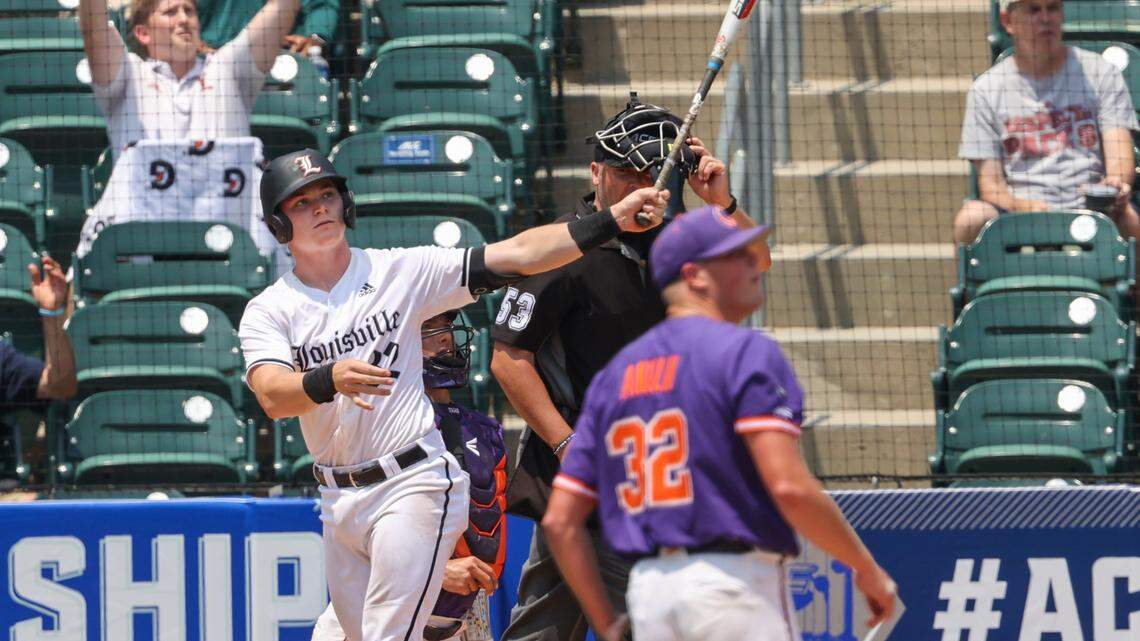 Louisville’s Ben Metzinger had two home runs against Clemson on Tuesday in the ACC tournament at Truist Field in Charlotte.