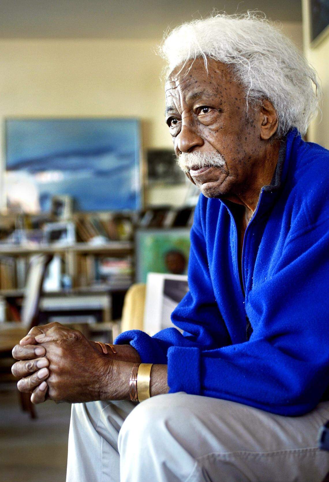 Photographer Gordon Parks, seen here in his New York City apartment in 2004, two years before he died at age 93. His pictures are among the works at the “Jazz Greats: Classic Photographs from the Bank of America Collection” exhibit at the Gantt Center.