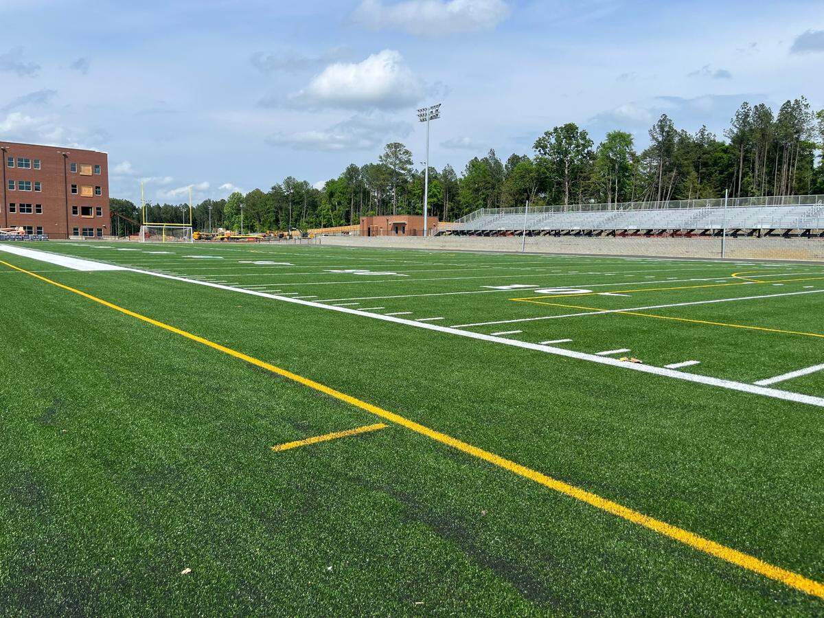 The football facility is nearly complete at the new Ballantyne Ridge High School, which opens this fall.