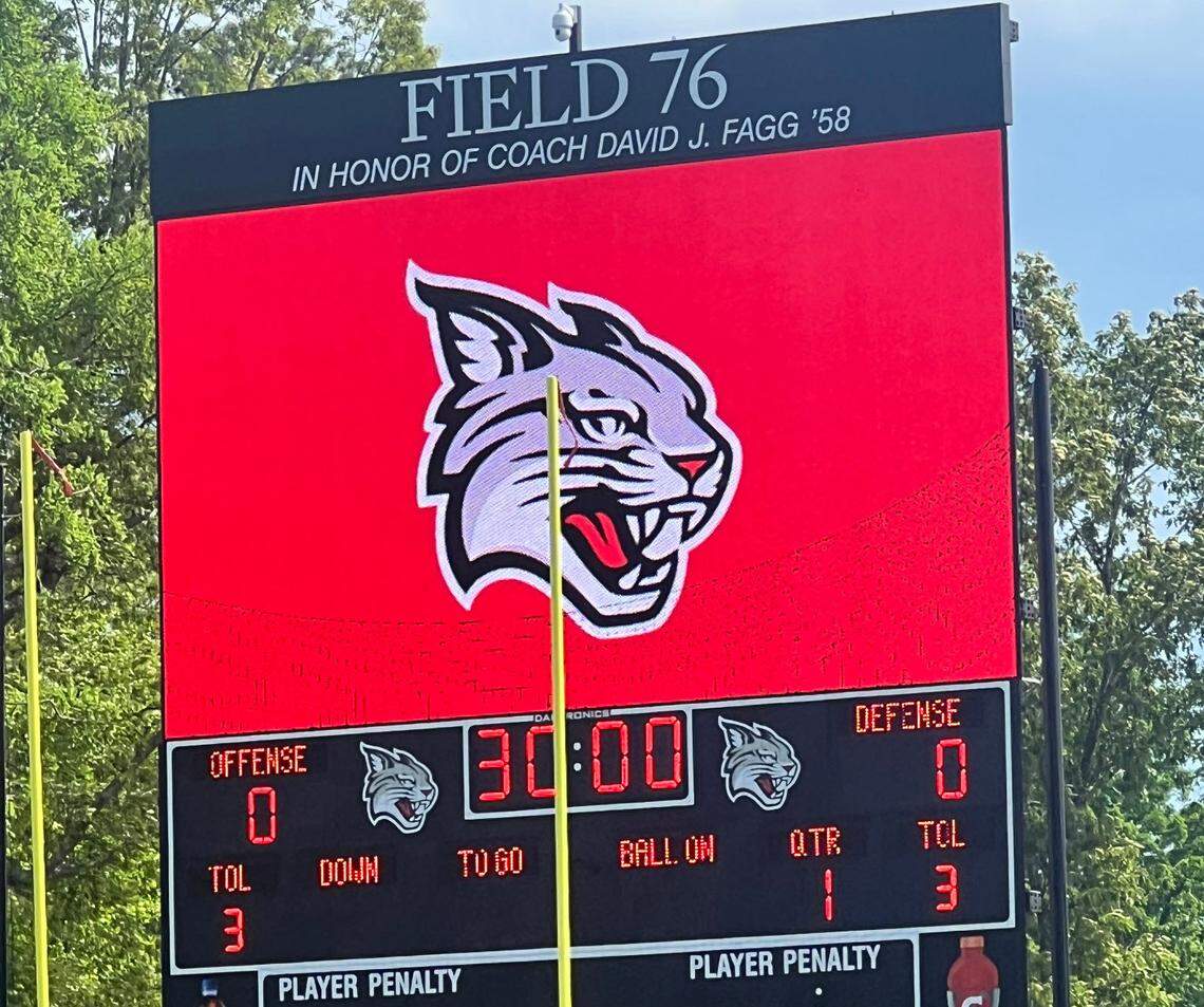 The scoreboard at “Field 76.,” The field, which is the centerpiece of Davidson College’s stadium, is named in honor of beloved former Davidson football coach David Fagg.