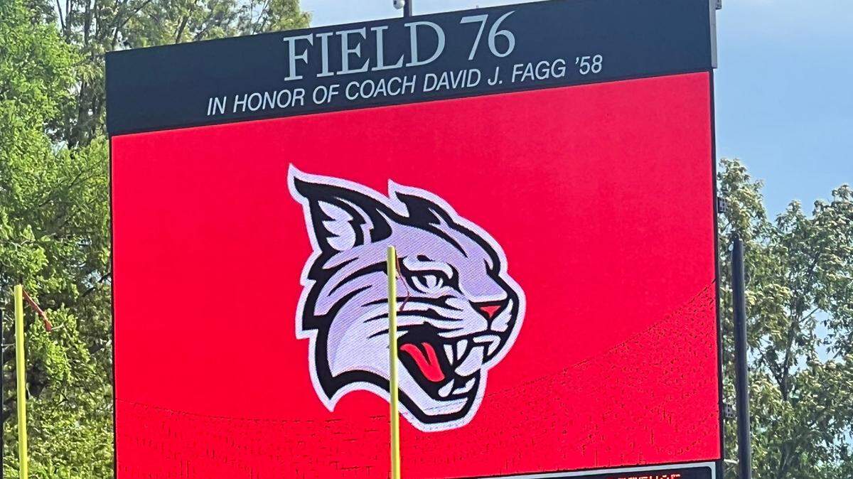 The scoreboard at “Field 76.,” The field, which is the centerpiece of Davidson College’s stadium, is named in honor of beloved former Davidson football coach David Fagg.