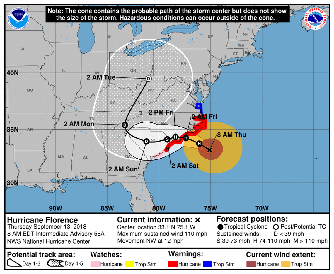 The 8 a.m. Thursday storm track for Hurricane Florence.