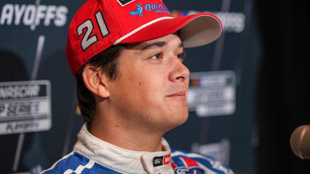 Sep 4, 2024; Charlotte, North Carolina, USA; Harrison Burton speaks to media members during the NASCAR Playoffs Media Day at the Charlotte Convention Center.