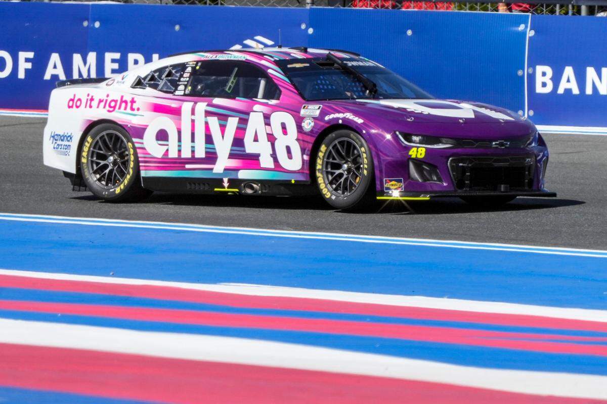 Oct 7, 2023; Concord, North Carolina, USA; NASCAR Cup Series driver Alex Bowman (48) during Cup practice and qualifying at Charlotte Motor Speedway Road Course.