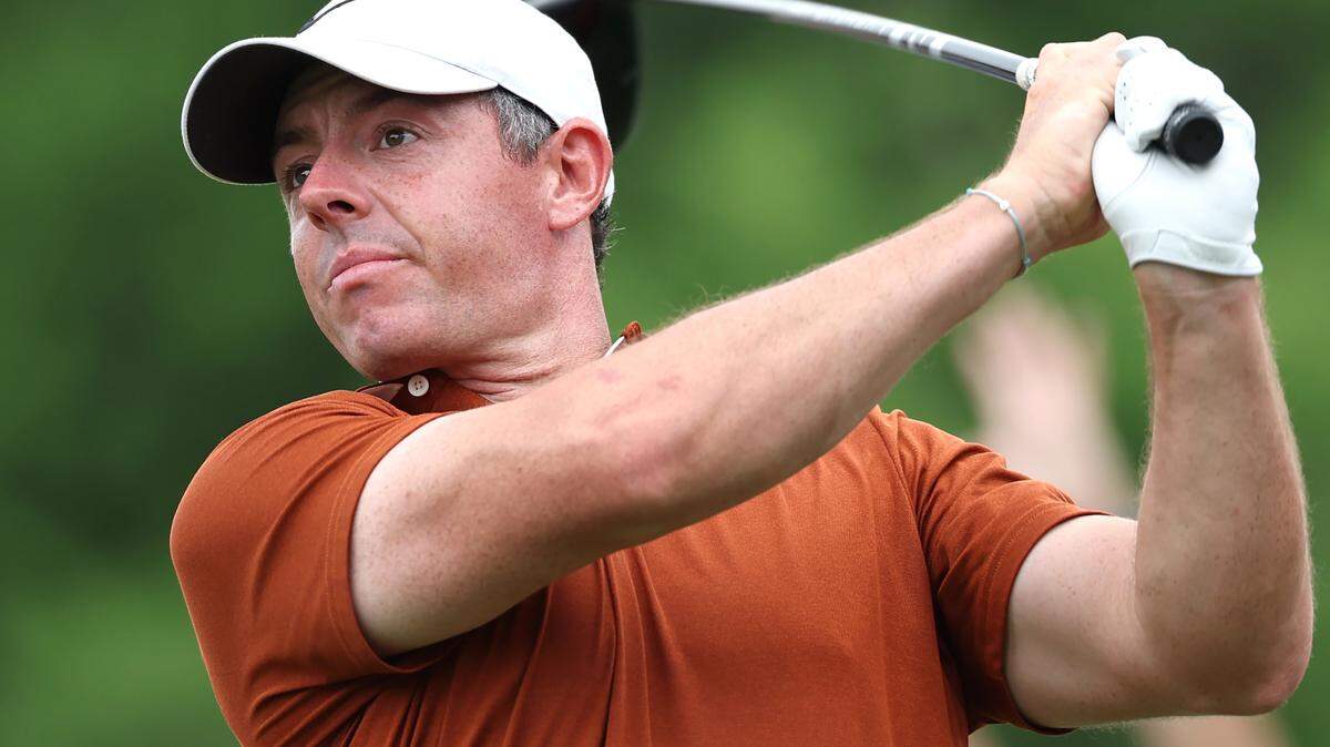 Rory McIlroy watches his drive from the eighth tee box during the second round of the PGA Championship at Quail Hollow Club in Charlotte, NC on Friday, May 16, 2025.