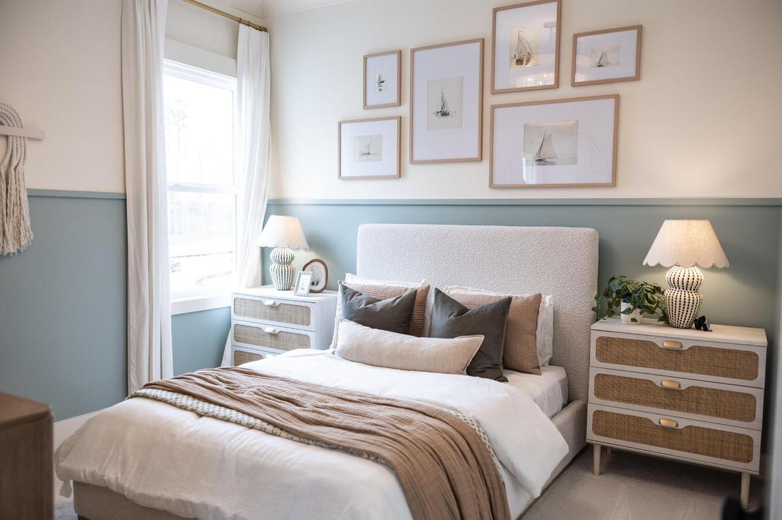 A bedroom inside a model home at Lakeside Pointe in Sherrills Ford, N.C., on Friday, March 7, 2025. Lakeside Pointe is a new custom-home waterfront community overlooking the lake in Sherrills Ford. The property includes 83 waterfront acres.
