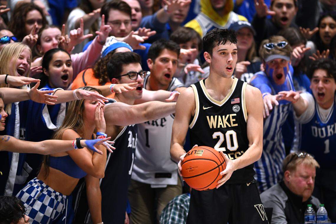 The Cameron Crazies taunt Wake Forest’s Parker Friedrichsen during the Deacons’ Feb. 12, 2024, game at Duke. Friedrichsen has transferred to Davidson. 