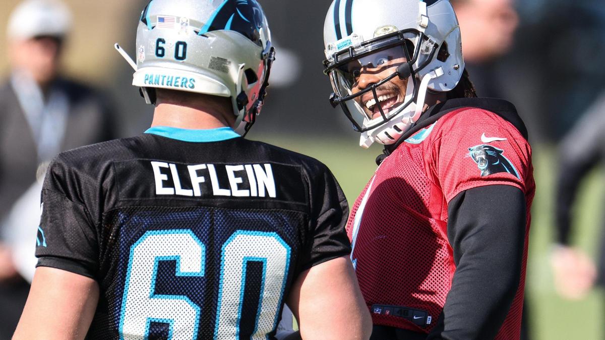 Carolina Panthers Cam Newton, right, talks to Carolina Panthers Pat Elflein during practice in Charlotte, N.C., on Wednesday, November 17, 2021.