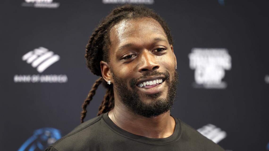 Carolina Panthers linebacker Jadeveon Clowney smiles as he listens to a reporter’s question during a press conference on Tuesday, July 23, 2024 at Bank of America Stadium in Charlotte, NC. The team is hosting training camp in Charlotte, NC this year after leaving Spartanburg, SC.