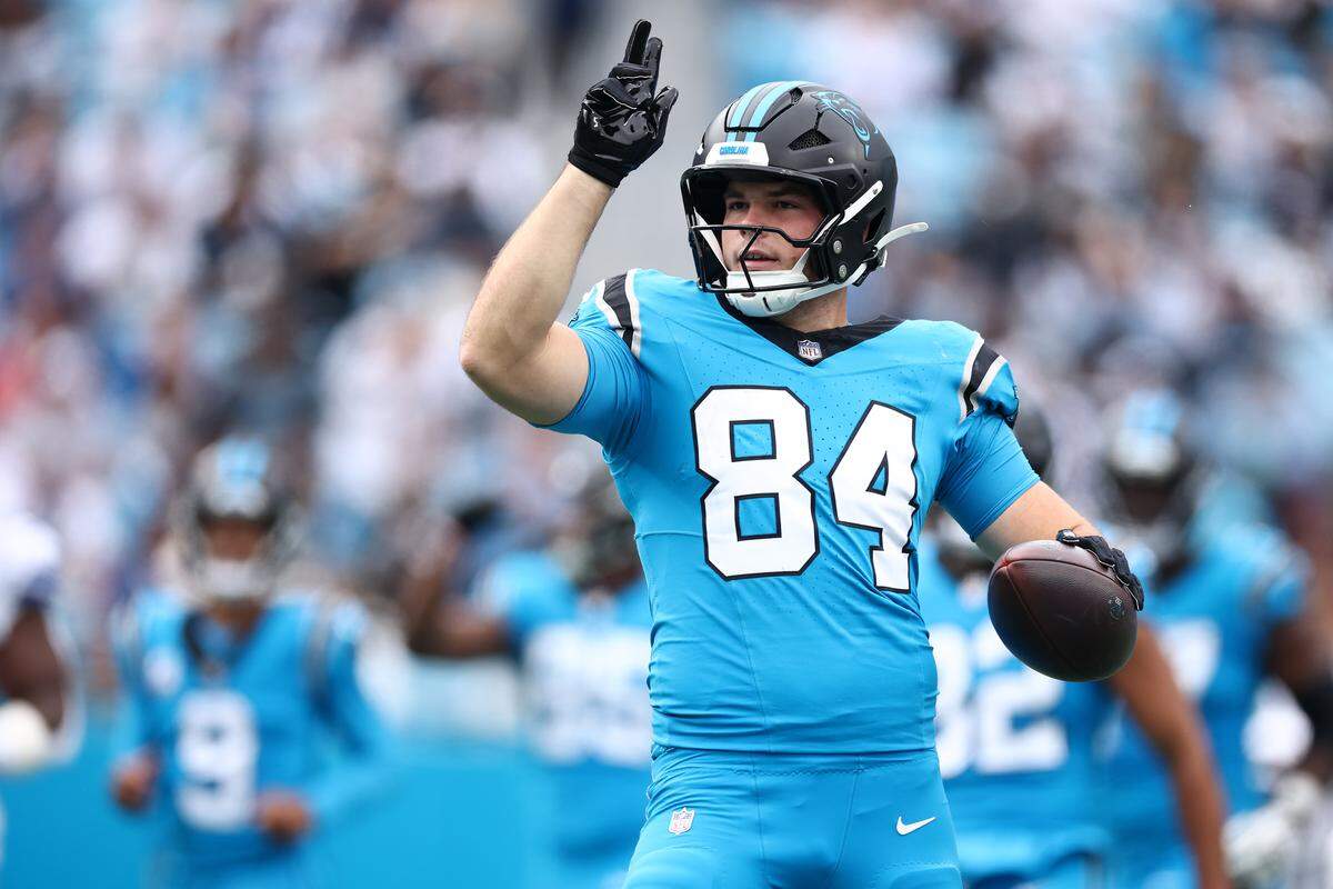Carolina Panthers TE Mitchell Evans reacts after a first down reception during the first quarter of a game against the Dallas Cowboys on Oct. 12, 2025, at Bank of America Stadium.
