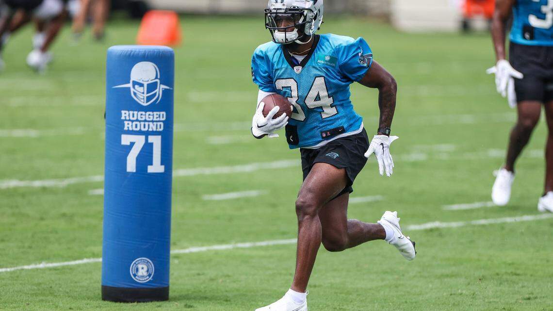 Panthers safety Sean Chandler runs through a drill during the Back Together practice in Gibbs Stadium at Wofford College on Saturday, July 30, 2022 in Spartanburg, SC.