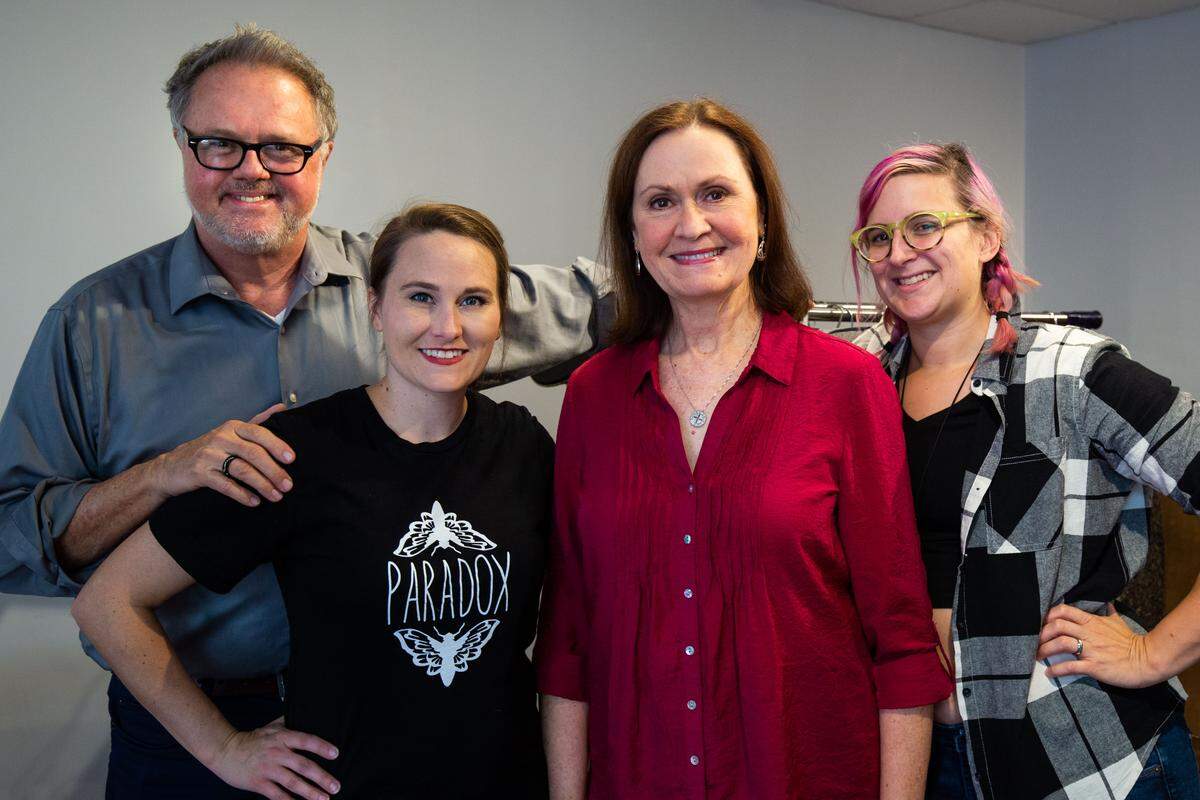 Director Dennis Delamar, actresses Leslie Giles and Paula Baldwin, and stage manager Callie Richards (far right) pose for a photo during rehearsal for “Protective Custody: Prisoner 34042.” Delamar and writer Charles LaBorde adapted a memoir by Susan Cernyak-Spatz of Charlotte, a Holocaust survivor, for the Three Bone Theatre production.