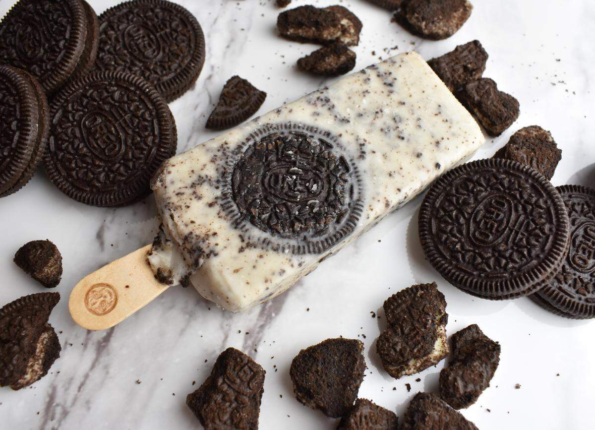 The Cookies and Cream Paleta is made with Oreo ice cream and cookie crumbs.