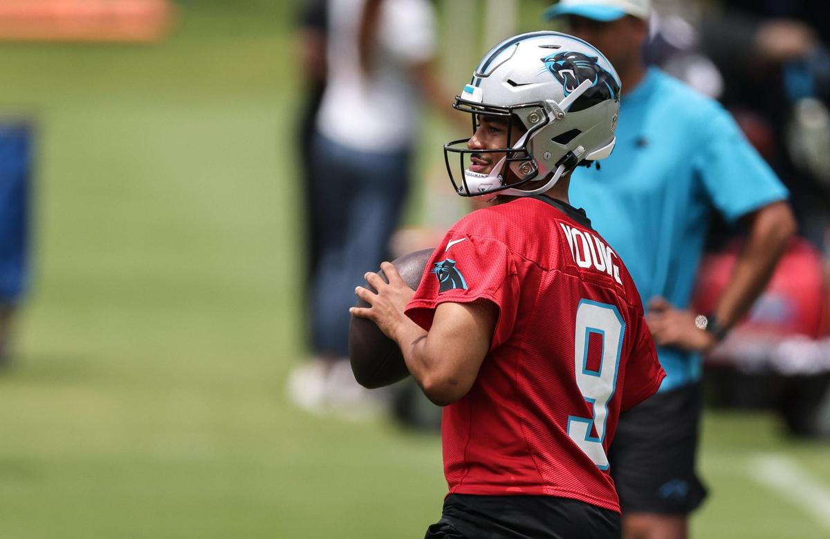 Carolina Panthers Bryce Young practices at the Carolina Panthers rookie minicamp in Charlotte, N.C., on Saturday, May 13, 2023.