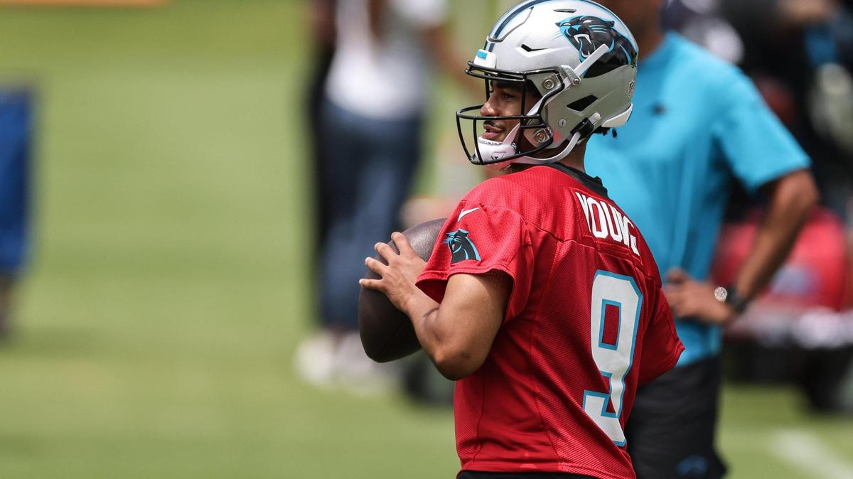 Carolina Panthers Bryce Young practices at the Carolina Panthers rookie minicamp in Charlotte, N.C., on Saturday, May 13, 2023.