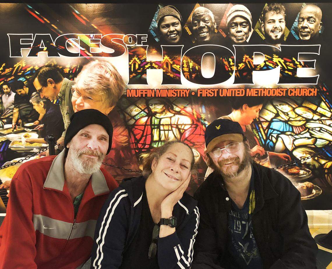 Scott Anderson (left) was among the first to participate in the StreetsmARTs program at First United Methodist Church when it started in March 2018 but was killed near the tent where he lived in April 2019. Belinda Hunter (center) and Paul Lessard (right) soon joined the program and have continued.