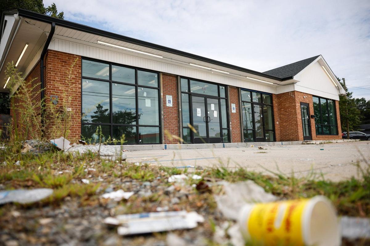 Trash is littered around a vacant building at 600 Eastway Drive in Charlotte, NC on Wednesday, September 4, 2024.